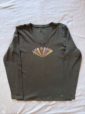 Life Is Good Grey Long-Sleeve V-Neck Tee with Colorful Graphic